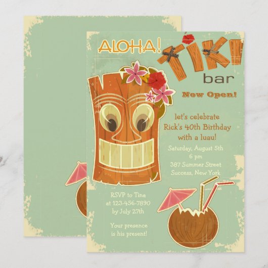 Tiki Bar-uitnodiging Kaart (Voorkant / Achterkant)