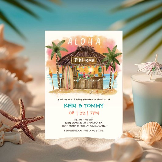 Tiki Beach Bar | Baby shower van tropisch zonnesch Kaart