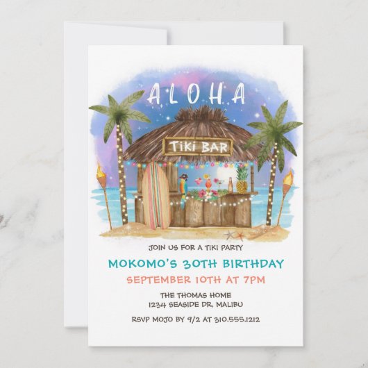 Tiki Beach Bar Moon Sterren Tropische Verjaardag Kaart (Voorkant)