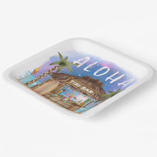 Tiki Beach Bar Moon Sterren Tropische Verjaardag Papieren Bordje (Gebogen)