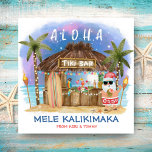 Tiki Beach Bar Tropical Moon Santa Mele Kalikimaka Feestdagenkaart<br><div class="desc">Met een tropische, vierkante kerstkaart geniet de Kerstman van een vakantie op een Tiki-bar op het strand onder de maan en sterren met palmbomen, vakantiestralen en Hawaiiaanse "Aloha"- en "Mele Kalikimaka"-groeten. Tropische cocktails, ananas, hibiscus en palmbladeren, een surfbord en een papegaai in een piraatachtig pet maken de bar goed. De...</div>