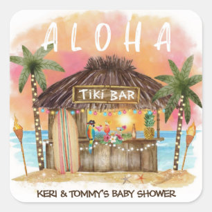 Tiki Beach Bar Tropisch Surf & Zee Baby shower Vierkante Sticker