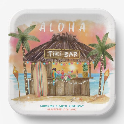 Tiki Beach Bar Tropisch Zee Verjaardag Papieren Bordje (Voorkant)
