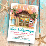 Tiki Beach Bar Tropische kerstfeest Kaart<br><div class="desc">De kerstfeestelijke uitnodiging biedt de kerstman een vakantie op een Tiki-bar op het strand bij zonsondergang met palmbomen, feestdagen en Hawaiiaanse "Aloha"- en "Mele Kalikimaka"-groeten. Tropische cocktails, ananas, hibiscus en palmbladeren, een surfbord en een papegaai in een piraatachtig pet maken de bar goed. De achterkant is turquoise blauw-groen. Art door...</div>