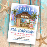 Tiki Beach Bar Tropische kerstfeest Kaart<br><div class="desc">De kerstfeestelijke uitnodiging van de Tropische kerstman toont de Kerstman die geniet van een vakantie op een Tiki bar op het strand onder de maan en sterren met palmbomen, vakantiestralen en Hawaiiaanse "Aloha"- en "Mele Kalikimaka"-groeten. Tropische cocktails, ananas, hibiscus en palmbladeren, een surfbord en een papegaai in een piraatachtig pet...</div>