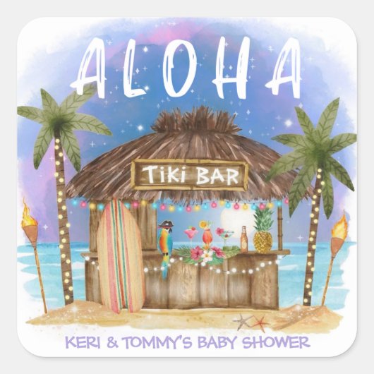Tiki Beach Bar Tropische Surf & Sea Baby Shower Vierkante Sticker (Voorkant)