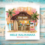 Tiki Beach Tropical Sunset Mele Kalikimaka Santa Feestdagenkaart<br><div class="desc">Met de tropische kerstkaart geniet de Kerstman van een vakantie op een Tiki bar op het strand bij zonsondergang met palmbomen, met de kerstverlichting en met de "Aloha" en "Mele Kalikimaka"-groeten in Hawaiian. Tropische cocktails, ananas, hibiscus en palmbladeren, een surfbord en een papegaai in een piraatachtig pet maken de bar...</div>