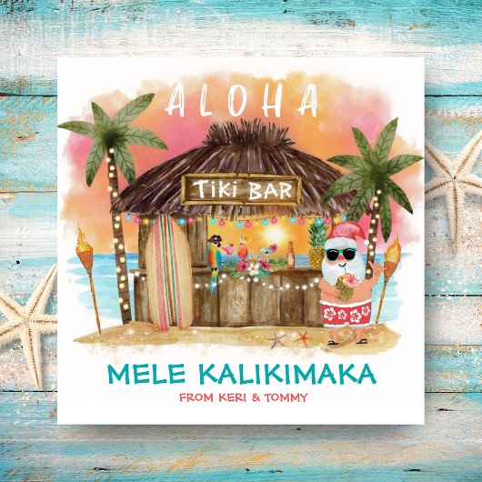 Tiki Beach Tropical Sunset Mele Kalikimaka Santa Feestdagenkaart