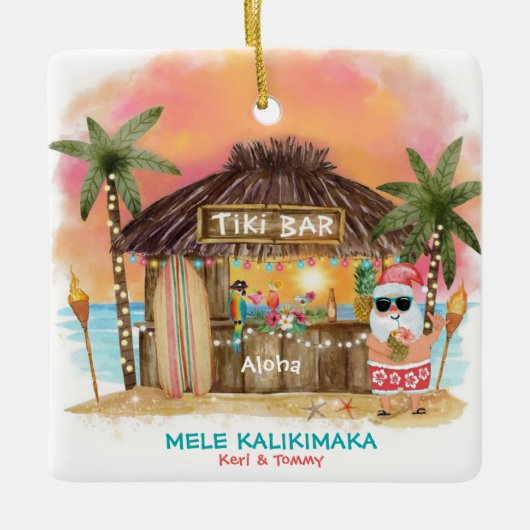 Tiki Beach Tropical Sunset Mele Kalikimaka Santa Keramisch Ornament (Voorkant)