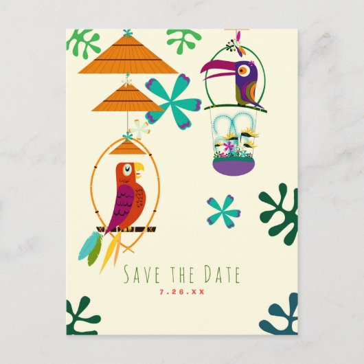 Tiki Birds Party  Retro Luau Save the Date Aankondigingskaart (Voorkant)