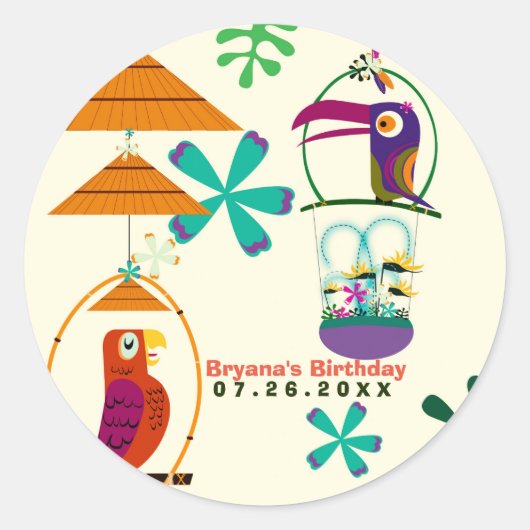 Tiki Birds Verjaardagsfeestje  Retro Luau Favor Ronde Sticker (Voorkant)