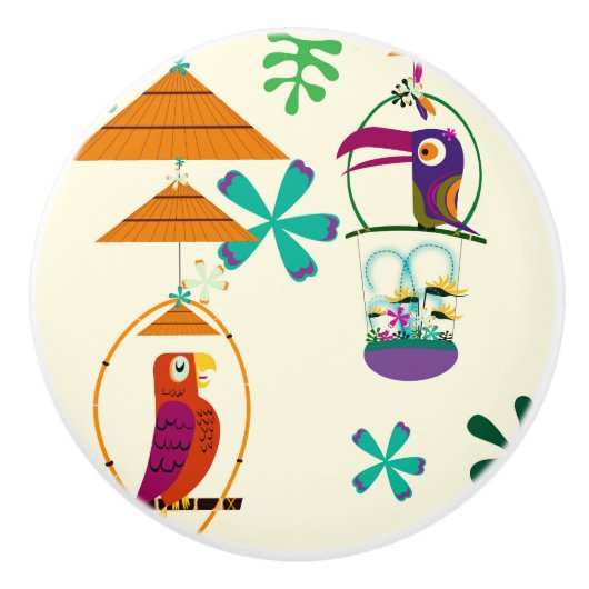 Tiki Birds Vintage Retro Art Zomer Tropisch Keramische Knop (Voorkant)