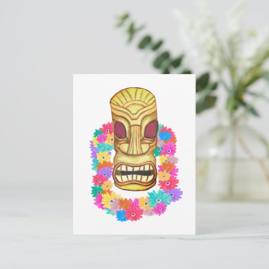 Tiki Head Hawaiian Lei Briefkaart (Staand voorkant)