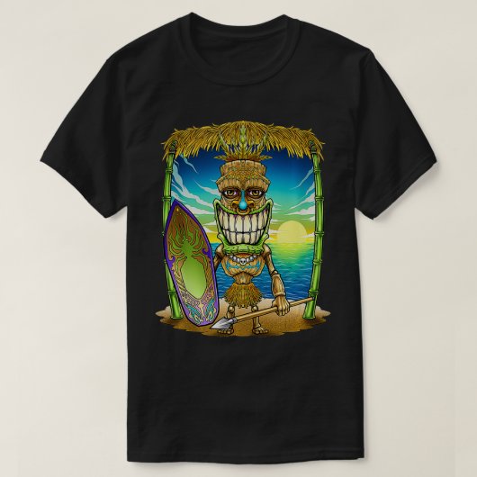 Tiki Head Surfer Surfplank Beach Hawaii Hut Tribal T-shirt (Design voorkant)
