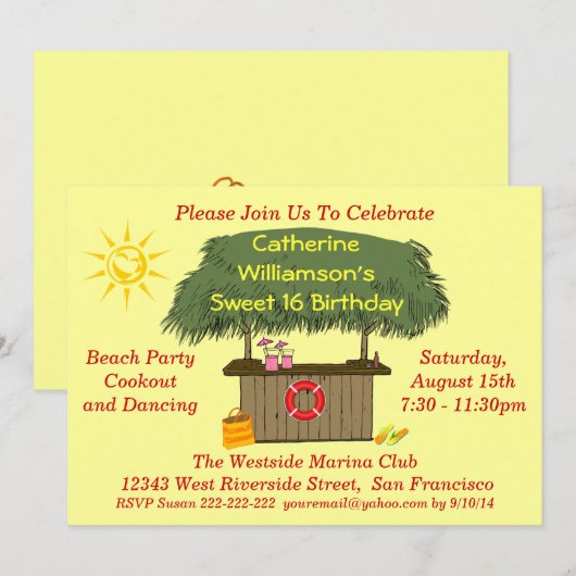 Tiki Hut Bar Cookout Beach Pool Party Sweet 16 Kaart (Voorkant / Achterkant)