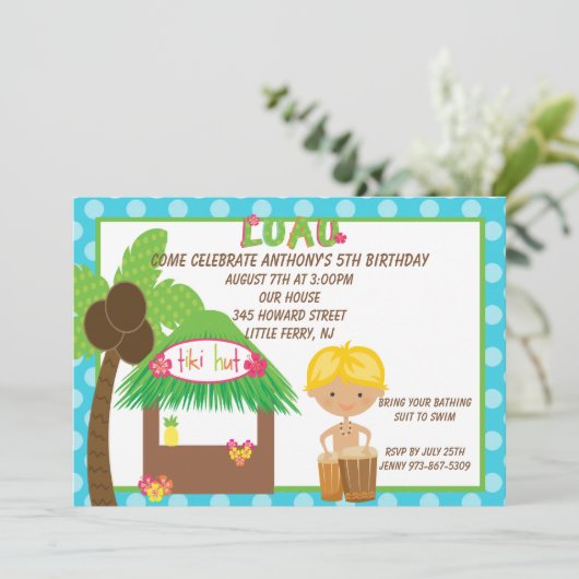 Tiki Hut Blue Boys Birthday Uitnodiging (Staand voorkant)