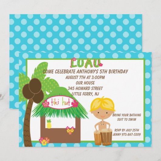 Tiki Hut Blue Boys Birthday Uitnodiging (Voorkant / Achterkant)