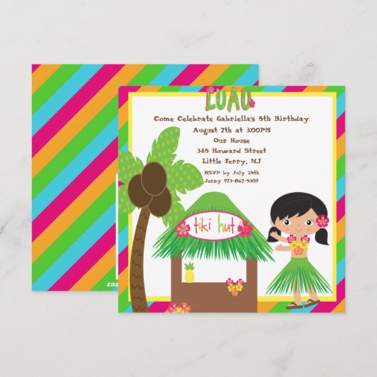 Tiki Hut Luau Square Birthday Invitation Kaart (Voorkant / Achterkant)