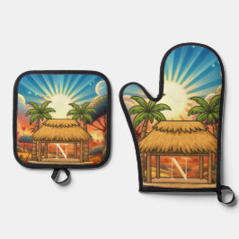 Tiki Hut Zonsopgang Monogram Gepersonaliseerd Ovenwant & Pannenlap Set