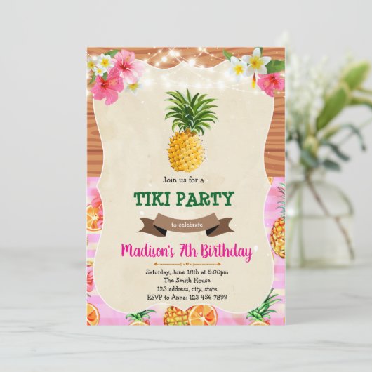 Tiki luau ananas verjaardagsuitnodiging kaart (Staand voorkant)