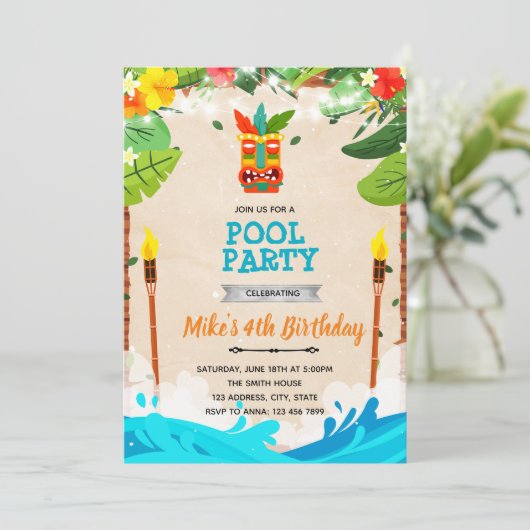 Tiki luau pool party uitnodiging (Staand voorkant)
