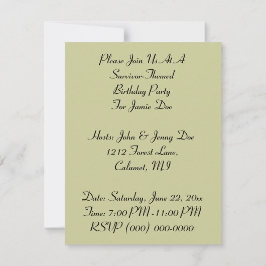 TIKI LUAU SURVIVOR THEMED Birthday party INVITE Kaart (Achterkant)