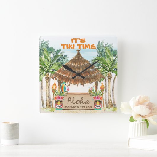 Tiki Luau | Tropisch strand Tiki Bar Aloha Square Vierkante Klok (Huis)