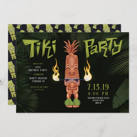 Tiki Luau Verjaardagsfeest Avond Uitnodiging (Voorkant / Achterkant)