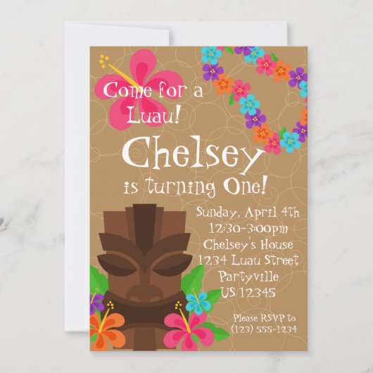 Tiki Man en Bloem Lei Luau Birthday Party Kaart (Voorkant)
