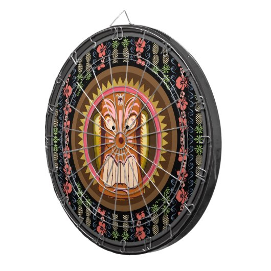 Tiki Mask Hibiscus Pattern Dartboard met Darts Dartbord (Voorkant Rechts)