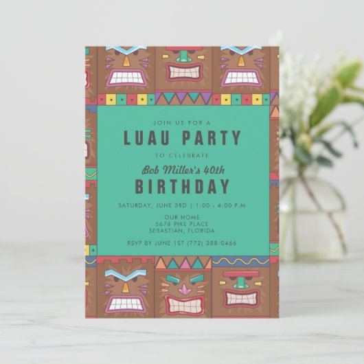 Tiki Mask Luau 40th Birthday Party Invitation Kaart (Staand voorkant)