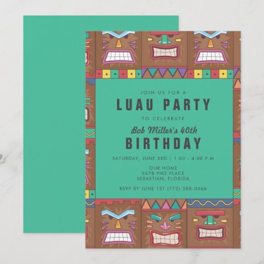 Tiki Mask Luau 40th Birthday Party Invitation Kaart (Voorkant / Achterkant)