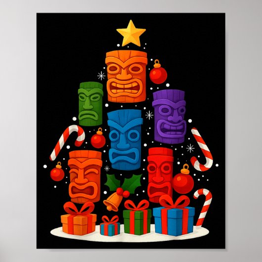 Tiki Mask Luau Christmas Tree Hawaiian Xmas Hat Ha Poster (Voorkant)