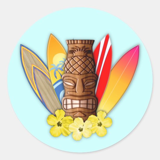 Tiki-masker en surfplanken ronde sticker (Voorkant)