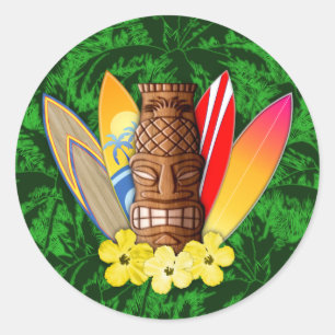 Tiki-masker en surfplanken ronde sticker