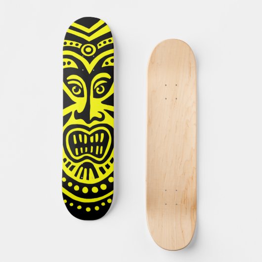 Tiki Maskerstijl - Zwart op Geel Skateboard (Voorkant)