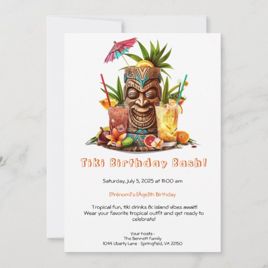Tiki Party Birthday Invitation – Tropical Luau  Kaart (Voorkant)