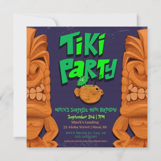 Tiki Party Luau Surprise Birthday Invitation Kaart (Voorkant)