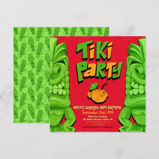 Tiki Party Surprise Birthday Invitation Kaart (Voorkant / Achterkant)