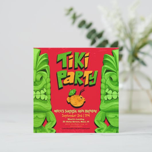 Tiki Party Surprise Birthday Invitation Kaart (Staand voorkant)
