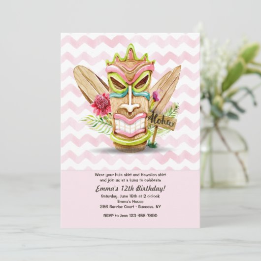 Tiki Pink Uitnodiging (Staand voorkant)