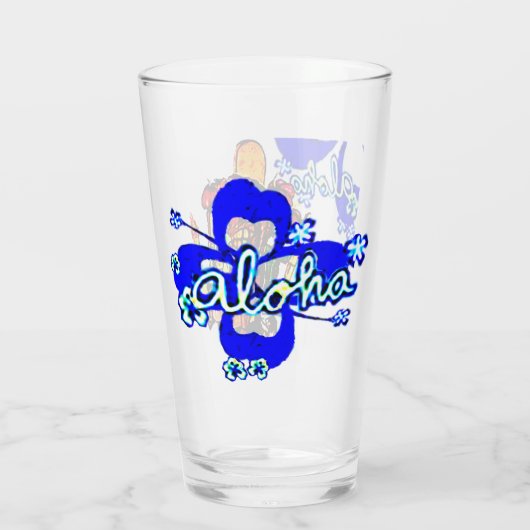 Tiki Statue met Menehune en Hibiscus Glas (Achterkant)