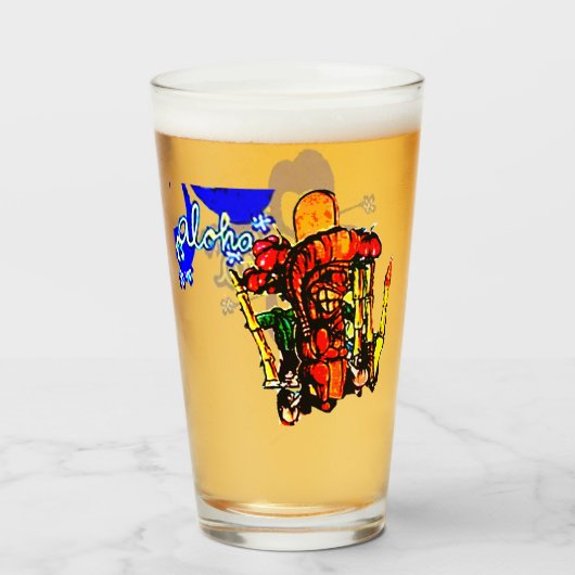 Tiki Statue met Menehune en Hibiscus Glas (Voorkant gevuld)