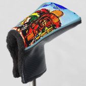 Tiki Statue met Menehune en Hibiscus Golfheadcover (3/4 voorkant)