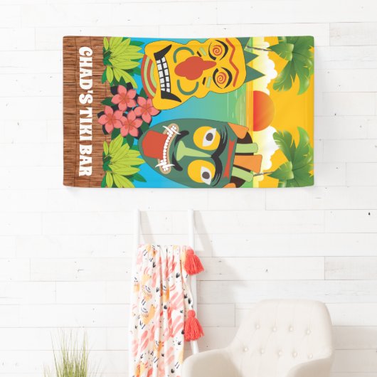 Tiki-tijd in heldere kleuren met maskers en zonson spandoek (Insitu)