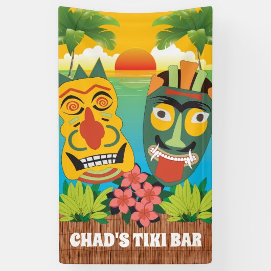 Tiki-tijd in heldere kleuren met maskers en zonson spandoek (Verticaal)