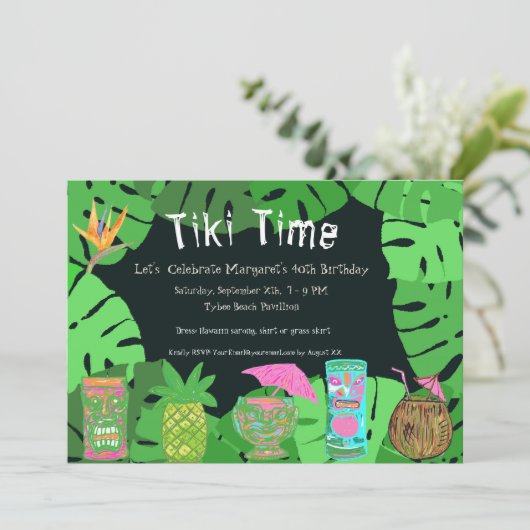Tiki Time Aanpasbare Verjaardagsfeest Uitnodiging (Staand voorkant)