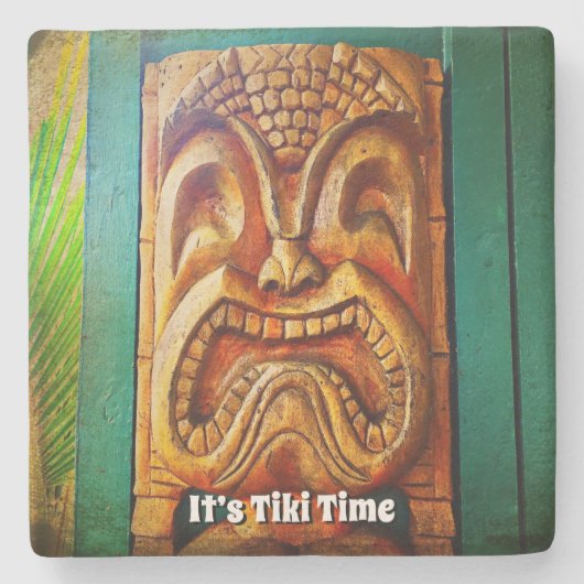 Tiki Time Fierce Hawaii Wood Carving Face Stenen Onderzetter (Voorkant)