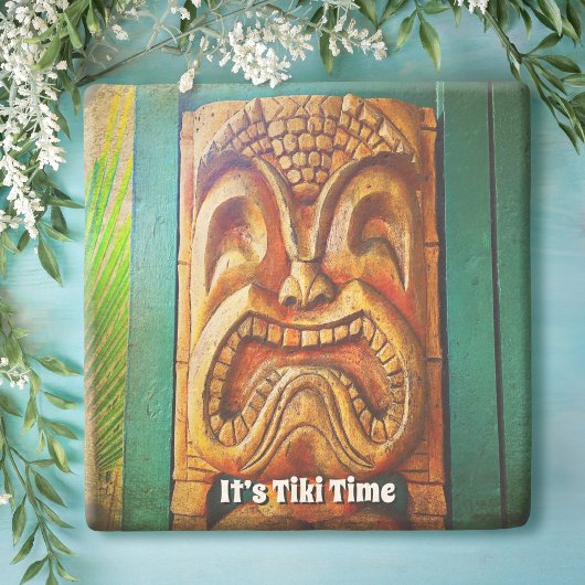 Tiki Time Fierce Hawaii Wood Carving Face Stenen Onderzetter