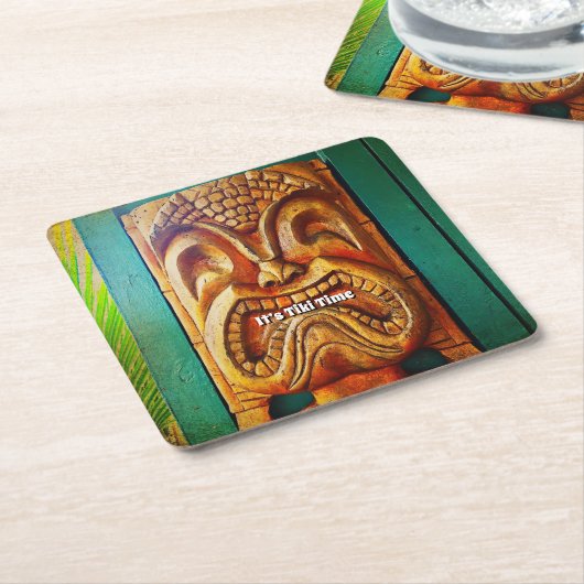 Tiki Time  Hawaii Tropisch Fierce Hout Gezicht Kartonnen Onderzetters (Schuin)